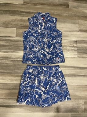 Vintage Tommy Hilfiger Blue Floral Matching Skort Set Women’s Size 8 Y2K Coastal